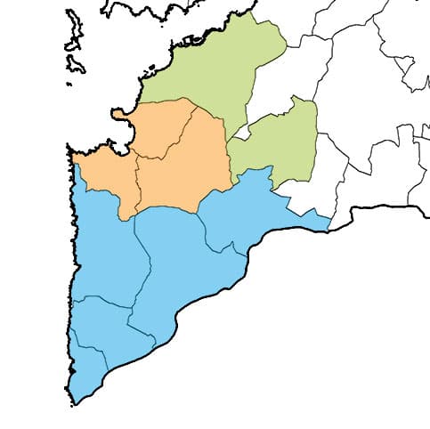 Mapa de las áreas de actuación de Impernova: comarcas de Baixo Miño y Val Miñor en el sur de Pontevedra, con sus municipios